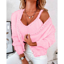 Pearls Decor Long Sleeve Fuzzy Cardigan & Tank Top Set - pink