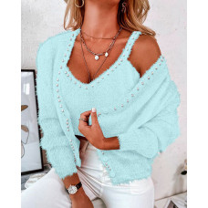 Pearls Decor Long Sleeve Fuzzy Cardigan & Tank Top Set - sky blue