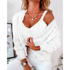 Pearls Decor Long Sleeve Fuzzy Cardigan & Tank Top Set - white