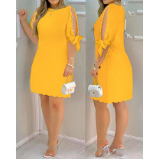 Pearls Decor Split Sleeve Casual Dress - yellow