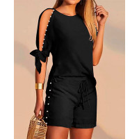 Pearls Decor Split Sleeve Top & Drawstring Shorts Set - black