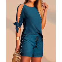 Pearls Decor Split Sleeve Top & Drawstring Shorts Set - blue