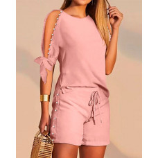 Pearls Decor Split Sleeve Top & Drawstring Shorts Set - pink