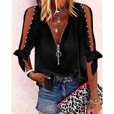 Pearls Decor Split Sleeve Zipper Design Top - black