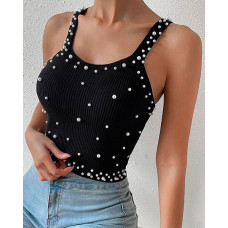 Pearls Decor Thick Strap Tank Top - black