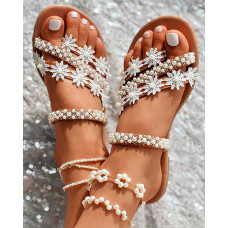 Pearls Floral Pattern Toe Post Flip Flops - white