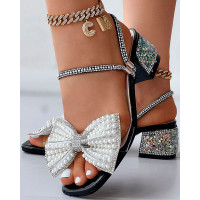 Pearls Rhinestone Decor Bowknot Design Chunky Heel Sandals - black Pearls Rhinestone Decor Bowknot Design Chunky Heel Sandals - black