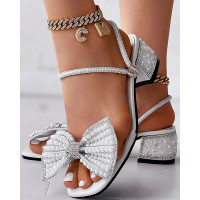 Pearls Rhinestone Decor Bowknot Design Chunky Heel Sandals - white