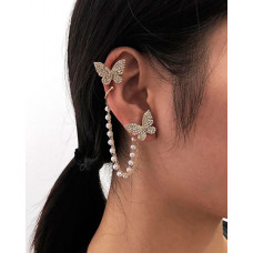 Pearls Rhinestone Decor Butterfly Pattern Ear Climber - gold