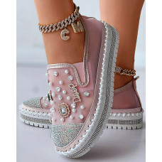 Pearls Rhinestone Decor Muffin Loafers - pink