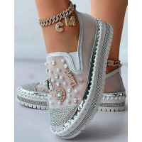 Pearls Rhinestone Decor Muffin Loafers - white