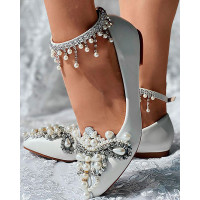 Pearls Rhinestone Tassel Ankle Strap Bridal Wedding Loafers - white