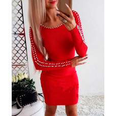 Pearls Round Neck Long Sleeve Dress - red