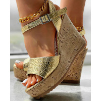 Peep Toe Ankle Strap Platform Wedge Sandals - gold