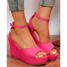 Peep Toe Ankle Strap Platform Wedge Sandals - hot pink