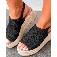 Peep Toe Braided Espadrille Platform Sandals - black