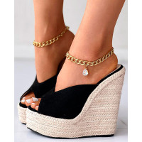 Peep Toe Braided Espadrille Wedge Sandals - black