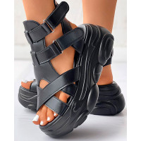 Peep Toe Buckled Platform Sandals - black