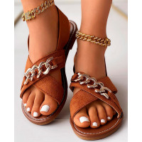 Peep Toe Chain Decor Slingback Beach Sandals - brown