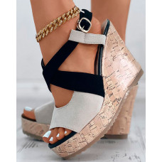 Peep Toe Colorblock Platform Wedge Sandals - Apricot