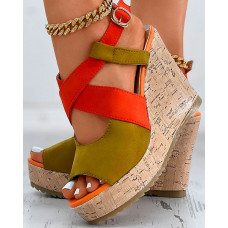 Peep Toe Colorblock Platform Wedge Sandals - orange