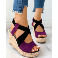 Peep Toe Colorblock Platform Wedge Sandals - purple