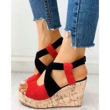 Peep Toe Colorblock Platform Wedge Sandals - red