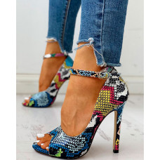 Peep Toe Colours Snakeskin Print Thin Heels - Multicolor