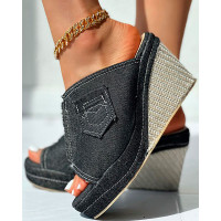 Peep Toe Denim Wedge Sandals - black