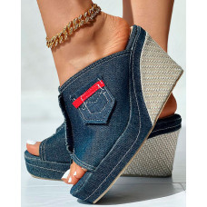 Peep Toe Denim Wedge Sandals - blue