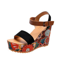 Peep Toe Floral Print Slingback Wedge Sandals - black