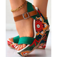 Peep Toe Floral Print Slingback Wedge Sandals - green