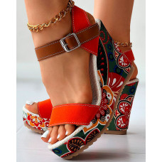 Peep Toe Floral Print Slingback Wedge Sandals - orange