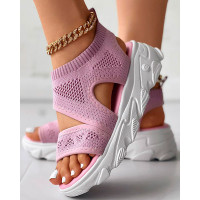 Peep Toe Hollow Out Platform Knit Sandals - pink