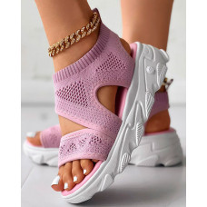 Peep Toe Hollow Out Platform Knit Sandals - pink