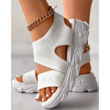 Peep Toe Hollow Out Platform Knit Sandals - white