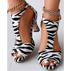 Peep Toe Leopard Print Heeled Sandals - blackwhite