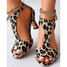 Peep Toe Leopard Print Heeled Sandals - Leopard