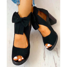 Peep Toe Mesh Insert Bowknot Chunky Heeled Sandals - black