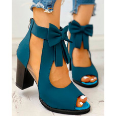 Peep Toe Mesh Insert Bowknot Chunky Heeled Sandals - blue