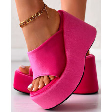 Peep Toe Platform Wedge Slippers - hot pink