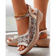 Peep Toe Rhinestone Ankle Strap Wedge Sandals - champagne