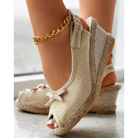 Peep Toe Slingback Bowknot Espadrille Wedge Sandals - Apricot