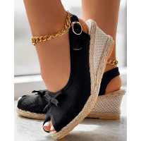 Peep Toe Slingback Bowknot Espadrille Wedge Sandals - black