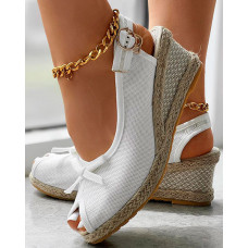 Peep Toe Slingback Bowknot Espadrille Wedge Sandals - white