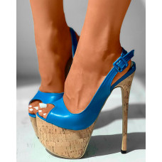 Peep Toe Slingback Buckled Cork Stiletto Heels - blue