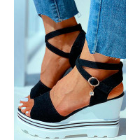 Peep Toe Solid Wedge Heeled Sandals - black