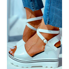 Peep Toe Solid Wedge Heeled Sandals - white