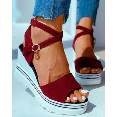 Peep Toe Solid Wedge Heeled Sandals - Wine red