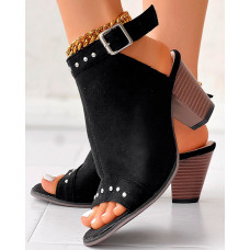 Peep Toe Studded Chunky Heeled Sandals - black